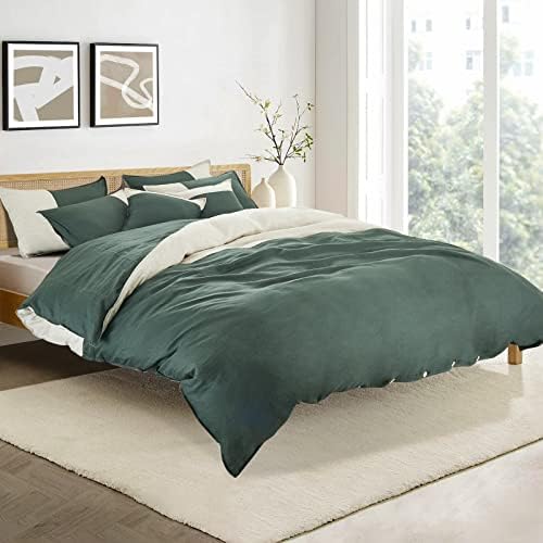howdy textile 100% Linen Duvet Cover Set 3pcs French Washed Natural Flax Soft Breathable Farmhouse Patchwork Bedding Set with Button Closure (Queen, Army Green)