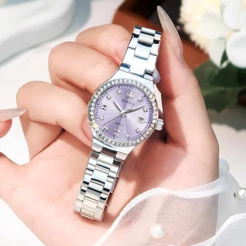 Image of OLEVS Watch Women Silver Watch for Women Luxury Diamond Womens Watches for Small Wrist Stainless Steel Waterproof Analog Quartz Date Elegant Reloj para Mujer