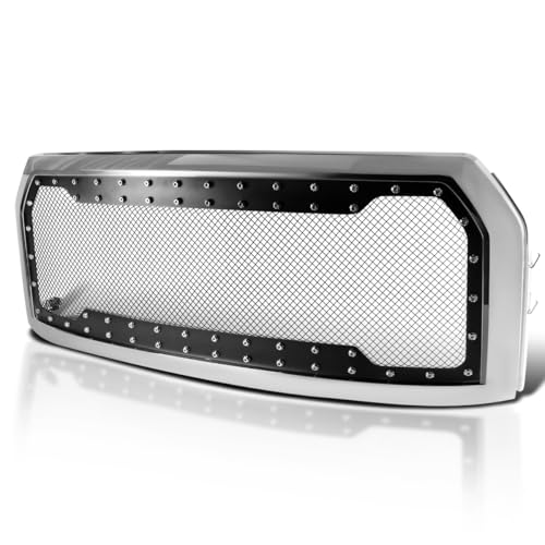 Spec-D Tuning Chrome Mesh Rivet Front Bumper Hood Grille w/Shell Compatible with 2015-2017 Ford F150