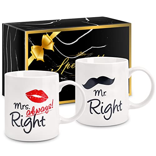 Couples Gifts for Couples Husband Wife-Mr.Right/Mrs. Always Right 11 Oz Ceramic Coffee Mug Set-Wedding Gifts for Bride and Groom,Romantic Presents Ideas for Christmas,Valentines Day,Engagement Wedding