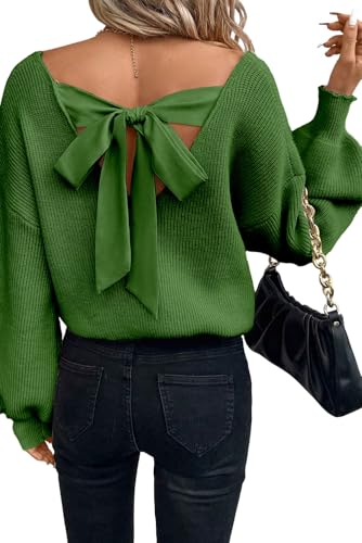 Image of Womens Off Shoulder Bow Back Sweater Sexy Loose Fit Deep V Neck Knit Tops | Backless, Lantern Long Sleeves, Ribbed Knit, Lightweight, Fall Winter Outfit, Party, Halloween, Christmas, New Year's Eve