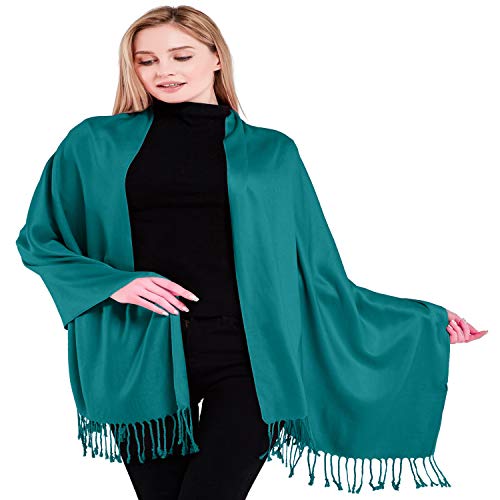 CJ Apparel Teal Green Jade Green Solid Color Tassels Design Nepalese Shawl Seconds Scarf Wrap Stole Throw Head Wrap Pashmina Hand Made in Nepal New