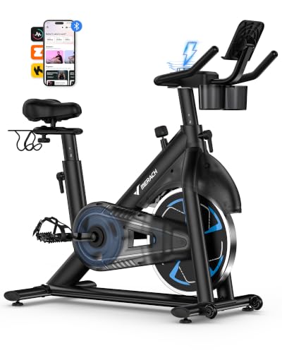 Image of Merach Magnetic Exercise Bike, Low Noise Stationary Bike for Home with Comfortable Seat Cushion, Spinning Bike with 330 lb Weight Capacity, Exclusive App, Tablet Mount and Fitness Courses