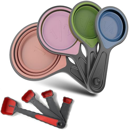 Collapsible Silicone Soft Measuring Cups and Measuring Spoons,8 pieces Portable Food Grade Silicone...