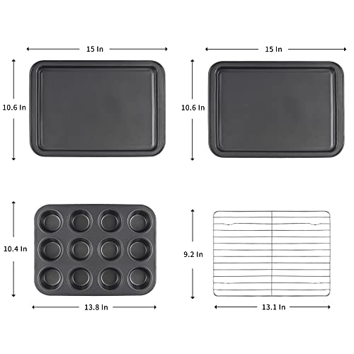 Kitcom Toaster Oven 4-Piece Set Nonstick Heavy Duty Carbon Steel, Includes Nonstick Cake Pans, Muffin Pan, Cooling Rack, Gray #TOP1