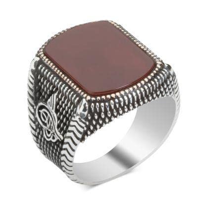 925 Sterling Silver Agate Stone Natural Stone Tugra Patterned Dot Motif Embroidered Men's Ring