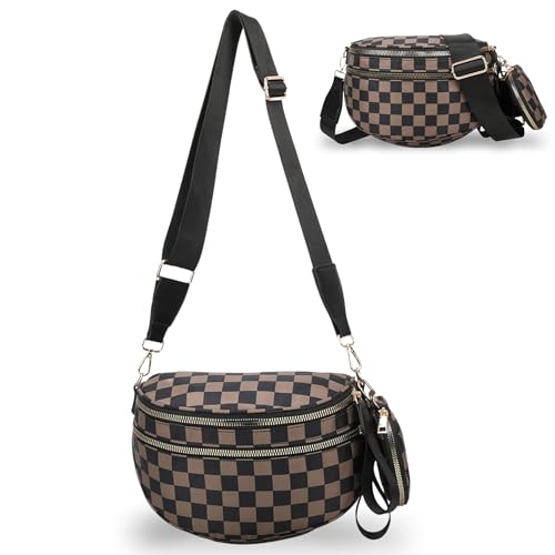 Image of Checkered Crossbody Bum Bags for Women, Nylon Sling Bags with Shoulder Strap, Large Capacity Checkered Purse Bag