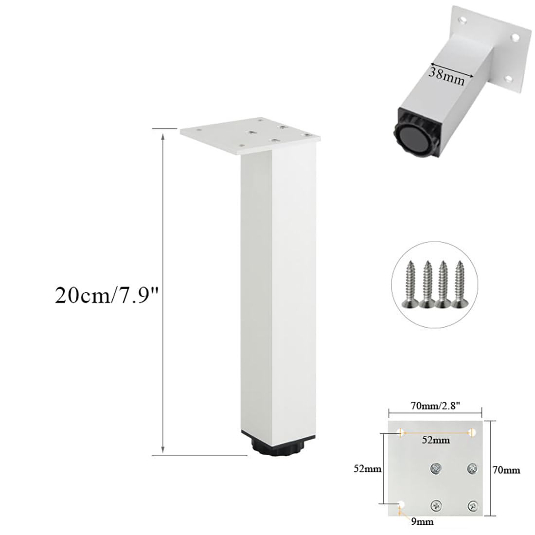 Metalowe nóżki do sofy, 20 cm, 4 sztuki, regulowane nogi sofy, stop aluminium, anodowana powierzchnia, nóżki cokołu, opcjonalna wysokość: 3-40 cm, tapicerowane nóżki sofy, stoliki kawowe, stół biurowy