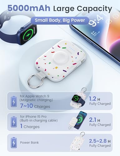 Image of RORRY CharmGo Portable Charger, 5000mAh Portable Charger Power Bank with Built-in Cables, Travel Keychain Battery Pack for Apple Watch and iPhone Air /17 /16 /15 /14 /13 /12, Confetti-White