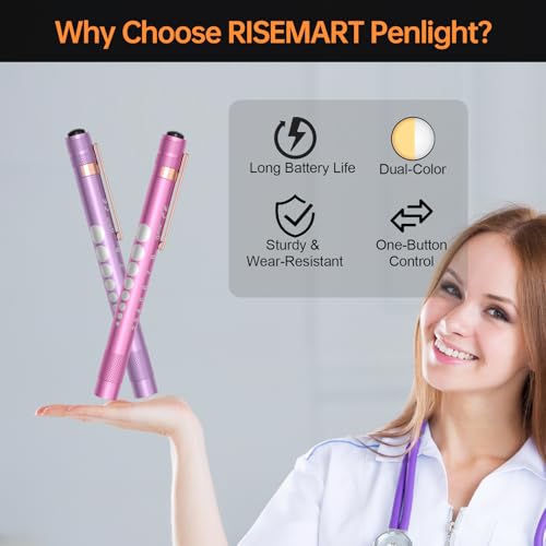 RISEMART Pupillenleuchte Diagnostikleuchte, 2 Stück Rettungsdienst Zubehör mit Warmes/Weiß Licht,Pupillenmessgerät und Lineal für Krankenschwester Studentische (Lila + Rosa)