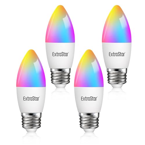 EXTRASTAR E27 Smart Bulb, Alexa Light WiFi LED Candle Bulbs C37, 6W 600lm, WiFi RGB Color Dimmable Multicolor + Warm or White Light, Compatible with Alexa and Google Home, Pack of 4