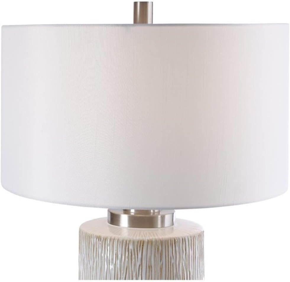 BOWERY HILL Contemporary Cylinder Table Lamp, 28.5 in, Aged White Ceramic Base, Charcoal Flecks and Beige Drip Details, White Linen Shade, Brushed Nickel Hardware, 1-Light Design, Type A Bulb, Home