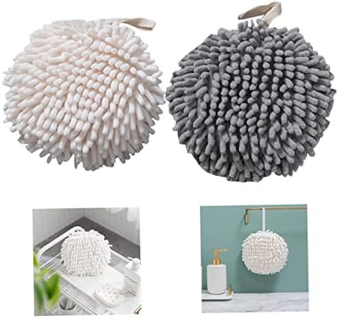 Odoukey Hand Towels, 2pcs Soft Absorbent Fuzzy Ball Towel with Loop, Chenille Bathroom Hand Towels, Quick Dry Handball Towel for Home Kitchen & Bathroom(White+Gray)
