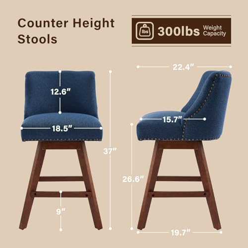 Butacos giratorios de bar, set de 4 unidades, altura para barra, con respaldo grueso y patas de madera, tapizados en tela de lino azul, para isla de cocina, bar o comedor miniatura 2