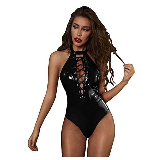 Milumia Women's PU Leather Lace Up Backless Halter Teddy Lingerie Bodysuit Black Small