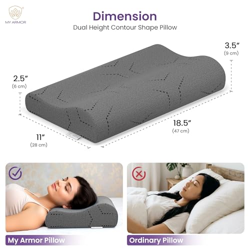Image of MYARMOR Cool Gel Cervical Pillow for Neck Pain | Contour Design for Neck & Shoulder Pain Relief | Dual Height Ergonomic Support | 18 x 11 x 3.5 Inch | 2 Years Warranty | Grey Cover - Pack of 1