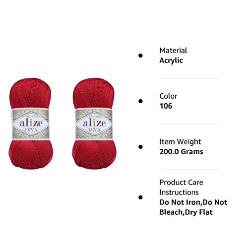 Alize Diva Silky Effect 100% Microfiber Acrylic Yarn Thread Crochet Art Lace Craft Lot Of 2 Skeins 200Gr 766Yds Hand Knitting Yarn (106) #TOP1