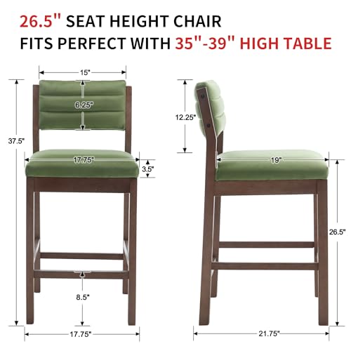 Image of RIVOVA 26 inch Bar Stools Set of 2 Counter Height Bar Stools for Kitchen Counter, Modern Upholstered Barstools with Back and Wood Legs Velvet Stools Farmhouse Island Chairs, Green