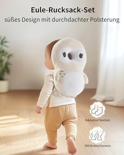 Fortella Baby Kopfschutz Rucksack mit Socken und Knieschonern, Atmungsaktiver Rückenbereich, mit Verstellbarem Trageriemen für 5-24 Monate, zum Krabbeln, Laufen Lernen und Kinderaktivitäten (Eule)