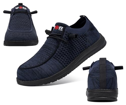 Image of LARNMERN Slip On Steel Toe Shoes Men Lightweight Comfortable Lounging Walking Sneakers Safety Work Steel Toe Loafers(9 Men, Dark Navy)