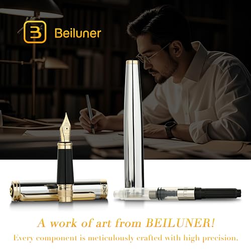 Image of BEILUNER Silver Chrome Fountain Pen,Stunning Luxury with 24K Gold Accents, Gorgeous 24K Gilded Nib(Fine), Trustworthy Pen Gift for Men&Women -Ink Converter-Elegant, Graduation,Nice Pen for Writing