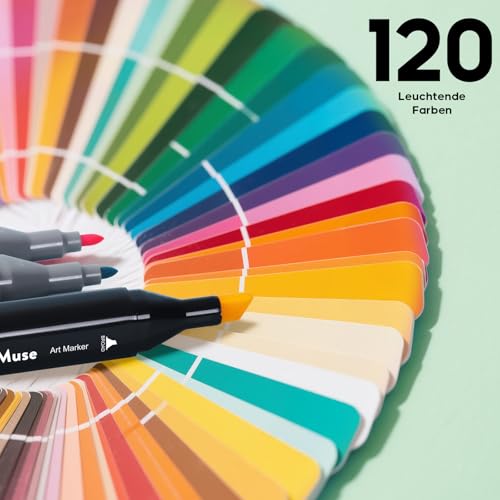 MarkMuse 120 Alkohol Marker Set, Doppelspitze (Meißel & Feinspitze) Blitzschnell Trocknende Alkohol Marker Stifte für Künstler, Designer & Anfänger – Ideal für Manga, Design, Illustration, Architektur