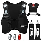 Gilet Running d'hydratation Réfléchissant LED Recheargeable, Porte-Bouteille d'eau, Ajustable, Gilet léger, 2 Gourdes d'hydratation de 500 ML pour randonnée, Trail, Course à Pied, Marathon (Noir)