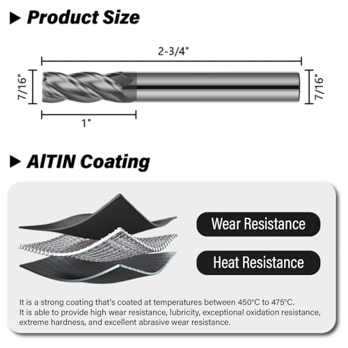 Image of 7 /16 inch Carbide Square End Mill 4 Flute AlTIN Coated CNC Milling Bits for Alloy Steels, Hardened Steels, Cast Iron
