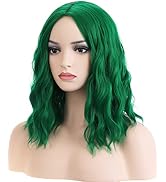 RightOn Emerald Green Wig for Women Short Curly Wig Green Bob Wig Beach Wave Wigs Shoulder Length...