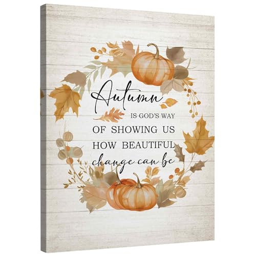 TLESKE Rustic Fall Farmhouse Wall Art Decor Pumpkins Leaves Canvas Wall Art Prints for Farmhouse Living Room Bedroom Autumn is Gods Way Thanksgiving Wall Artwork Picture Painting Framed 11x14in