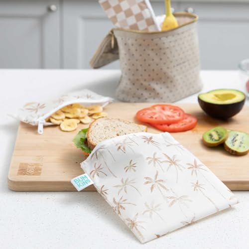 Bumkins Reusable Sandwich and Snack Bags, for Kids School Lunch and for Adults Portion, Washable Fabric, Waterproof Cloth Zip Bag, Travel Pouch, Food-Safe, Large 2-pk Palm Trees, Check by Bumkins - Image 2