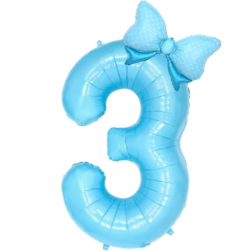 Image of Blue 3 Balloon Number Blue Birthday Decorations Girls, Bow Balloons Foil Mylar Large 40 inch 3 Balloon for Girls Bow Butterfly Coquette 3rd Birthday Party Decorations(Number 3 balloons)