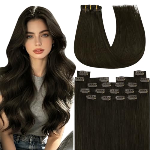Image of YoungSee Ash Brown Clip in Hair Extensions Real Human Hair, Straight Hair Extensions Clip ins Dark Ash Brown, Invisible Clip in Extensions for Natural Look, 16In 120G 7Pcs Add Volume