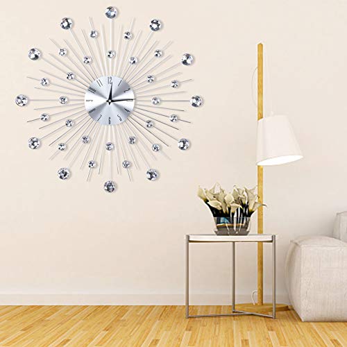 20 Inch Wall Clock Modern 3D Crystal Wall Clock Sparkling Metal Silver Flower Wall Clock Round Unique Design Living Room Bedroom Decoration Gift #TOP7