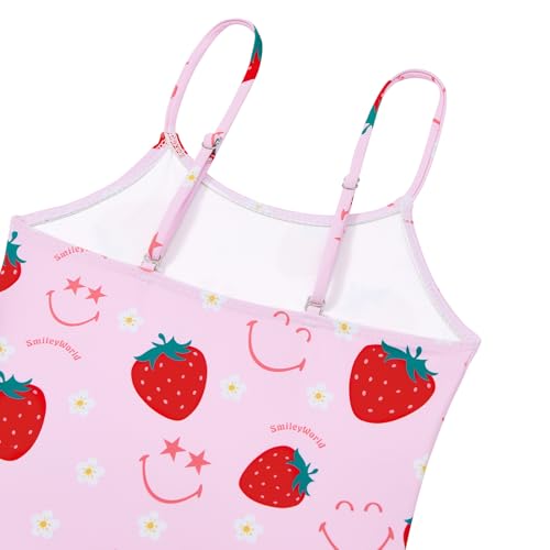 Image of Zando Girls Bathing Suit Size 8-10 - Cute Strawberry Smiley Face Bathing Suit, One Piece Kids Swimsuit with Adjustable Straps, Girls Swimsuit Size 10 for Summer Beach Vacation Swimming Course Wear