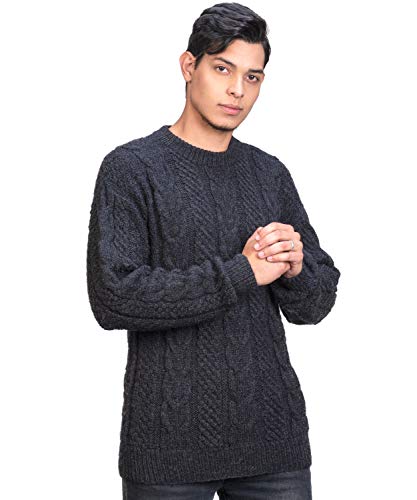 Irish Aran Sweater for Men - Hand Cable Knitted Crewneck Pullover in Alpaca Wool