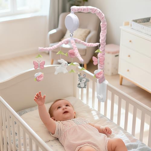 Baby Crib Mobile for Girls, Soft Knitted Woodland Characters Rabbit Squirrel, Pink and White Nursery Decor, Calming Soother with 12 Lullabies Essential and Perfect Gift for Girls - Image 6