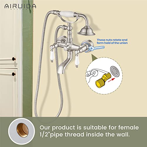 Airuida Brushed Nickel Wall Mount Bathtub Filler Tub Shower Faucet With Ceramic Handheld Shower Sprayer Double Ceramic Lever Handles Bathroom Shower Faucet Set System Telephone Shape Vintage Style #TOP3