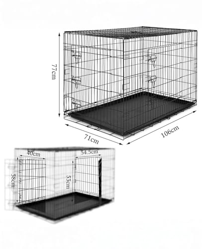lionto Tiertransportbox für Hunde und Katzen, vielseitiger Transportkäfig mit hygienischer Kunststoffwanne, 106x71x77 cm, Hundebox aus Metall mit stabilen Sicherheitsverschlüssen & Trennwand, schwarz