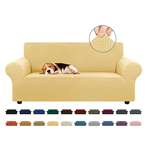 KEKUOU Stretch Loveseat Sofa Cover Slipcover,Couch Covers for 2 Cushion Couch Sofa (55"-79") Furniture Protector Sofa with Elastic Bottom for Kids,Dog. Jacquard Small Checked(Medium,Champagne)