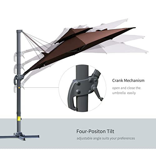Outsunny 11Ft Cantilever Patio Umbrella With Base, Double Top Hanging Aluminum Offset Umbrella With 360° Rotation, Easy Tilt, 8 Ribs, Crank, Cross Base For Backyard, Poolside, Lawn, Garden, Brown #TOP3