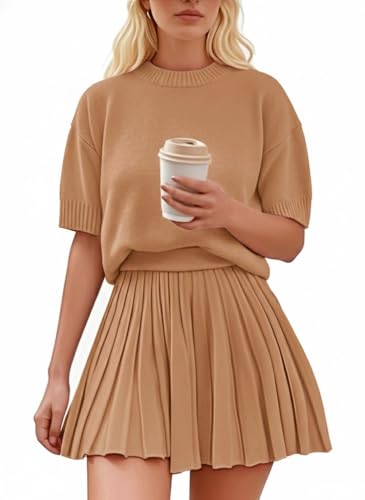 Jenisso Womens 2 Piece Outfits Short Sleeve Crewneck Knit Tops