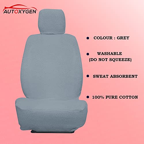 Image of AUTOXYGEN Car Towel Seat Cover Accessories Front & Rear 100% Pure Cotton Fabric, Sweat Control Complete Set for Swift Dzire (Front Detachable Headrest, Grey)