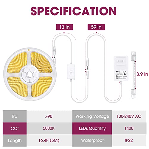 Emitever Led Strip Light,White 5000K,Cob Dimmable Tape Lights With Rf Controller,Ul 24V Dc Power Adapter,Premium High Density Bright 1400Leds,16.4Ft For Bedroom,Kitchen Cabinets,Home #TOP6