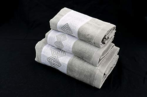 H & A Collection Marina Decoration Premium Luxury Decor Ultra Soft 100% Cotton Embroidered Bathroom Modern 3 Piece Towel Set, Grey Modern Square Pattern #TOP5