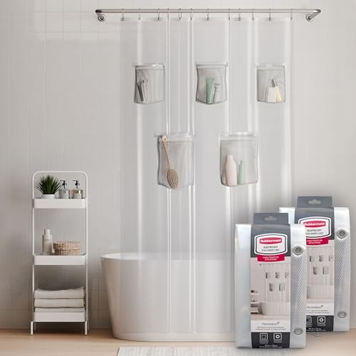 Image of Rubbermaid Heavyweight PEVA Shower Curtain Liner with 5 Mesh Storage Pockets, Waterproof Shower Liner with Rustproof Metal Grommets, BPA-Free, 70 x 72 Inches, Clear with Grey Grommets and Pockets