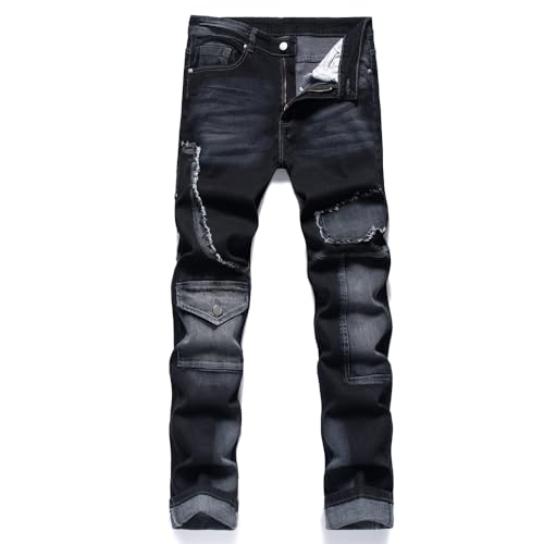 Men's Jeans Denim Pants Straight Patchwork Distressed Biker Jean Streetwear