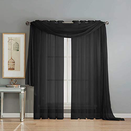 Donren Luxury Soft Sheer Curtains Scarf For Windows - Semi Voile Window Scarf Valance,52 Inches Wide By 144 Inches Long (1 Panel,Jet Black) #TOP3