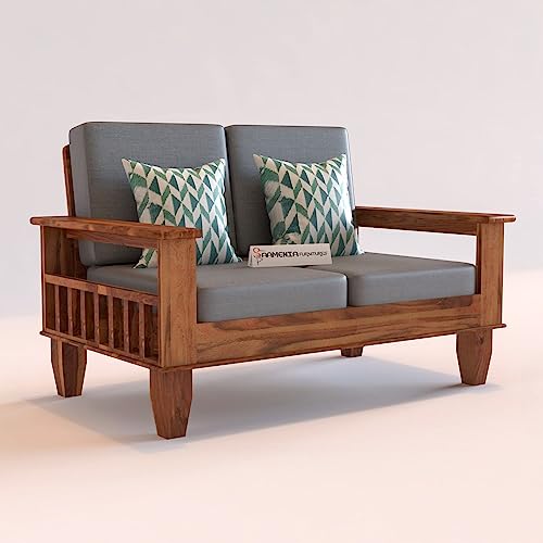 Image of Sheesham Wooden 2 Seater Sofa for Living Room | Rosewood 2 Seater Cushion Sofa with Side Newspaper Holder for Home & Office | Solid Wood Sofa Set for Lounge (Honey Finish)