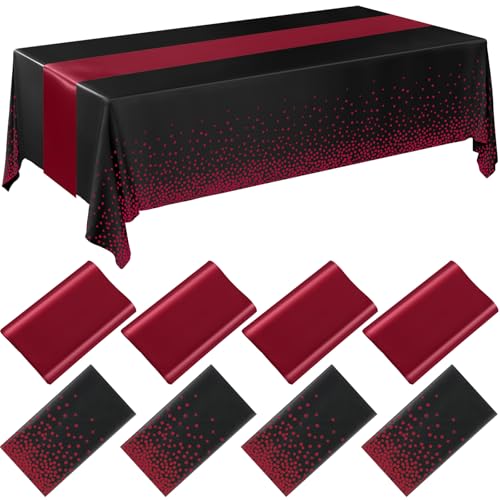 Image of Breling 8 Pack Black and Maroon Disposable Plastic Tablecloths and Satin Table Runner Set, 54 x 108 Inch Tablecloth, 12 x 108 Inch Table Runners for Wedding Graduation Birthday Baby Shower